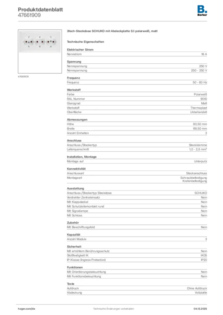 Berker Produktdatenblatt 47661909