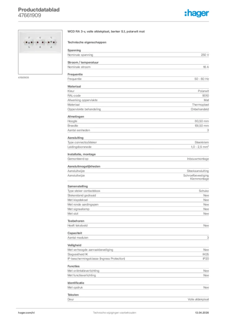 Afbeelding Hager Productdatablad 47661909 | Hager Nederland