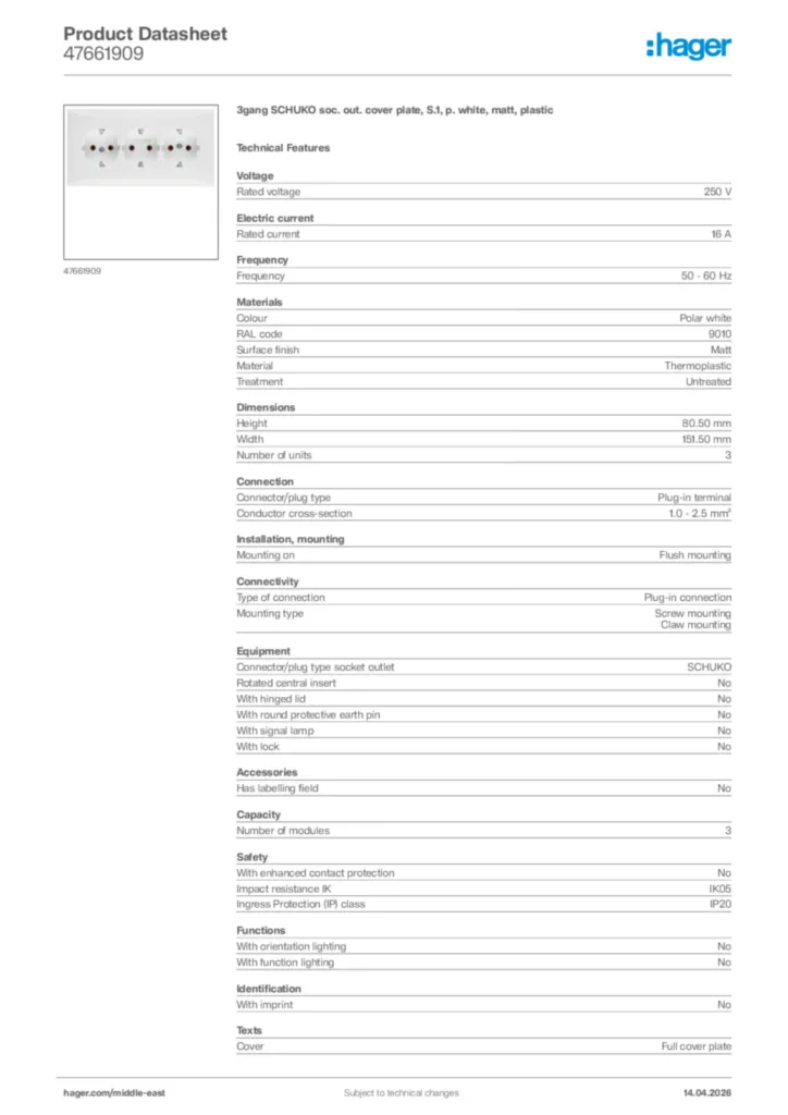 Image Hager Product data sheet 47661909  | Hager