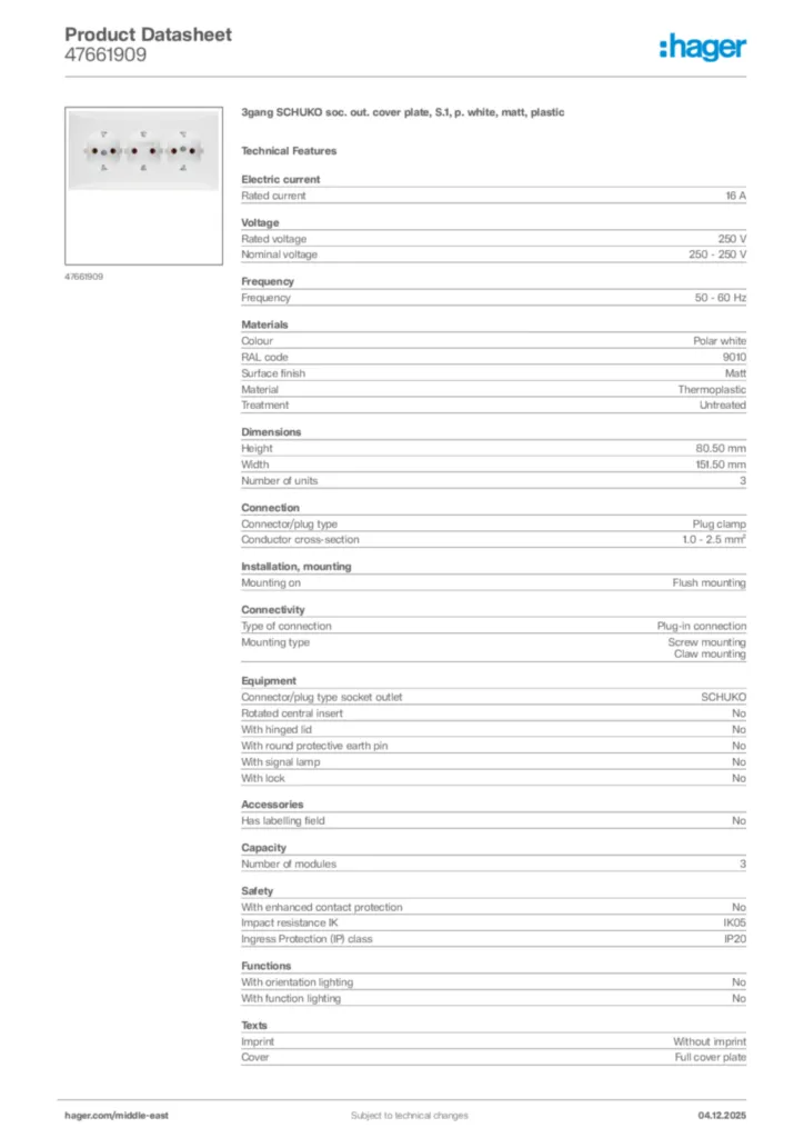 Image Hager Product data sheet 47661909  | Hager