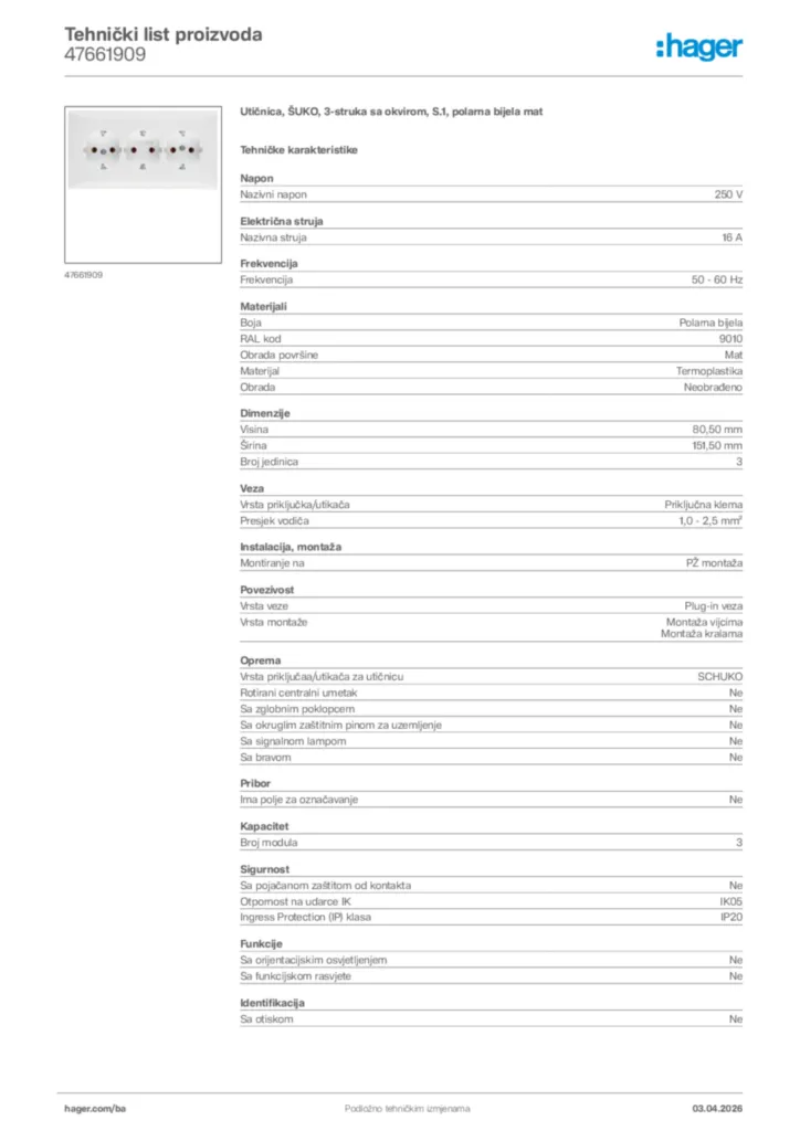 Slika Hager Tehnički list proizvoda 47661909  | Hager