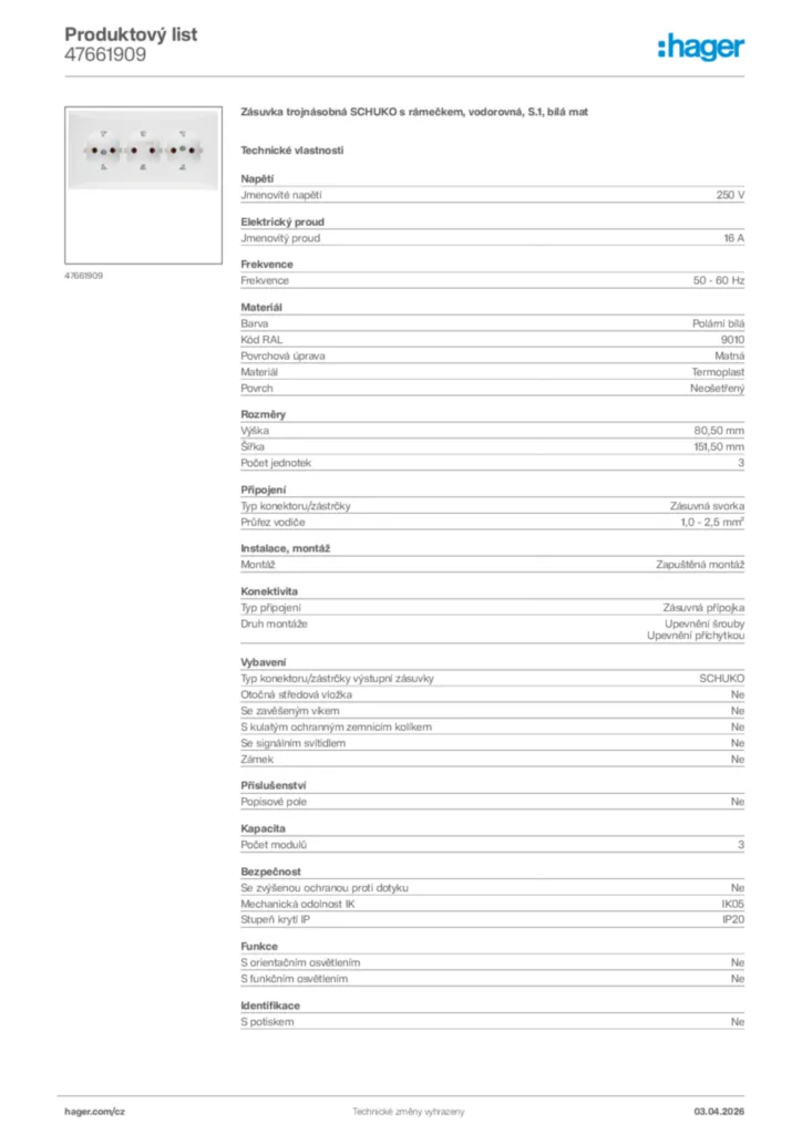 Obrázek Hager Product data sheet 47661909 | Hager