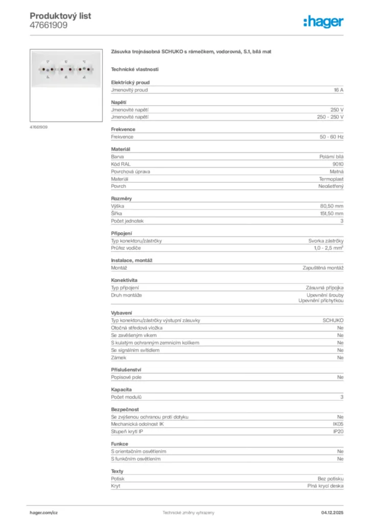 Obrázek Hager Product data sheet 47661909 | Hager