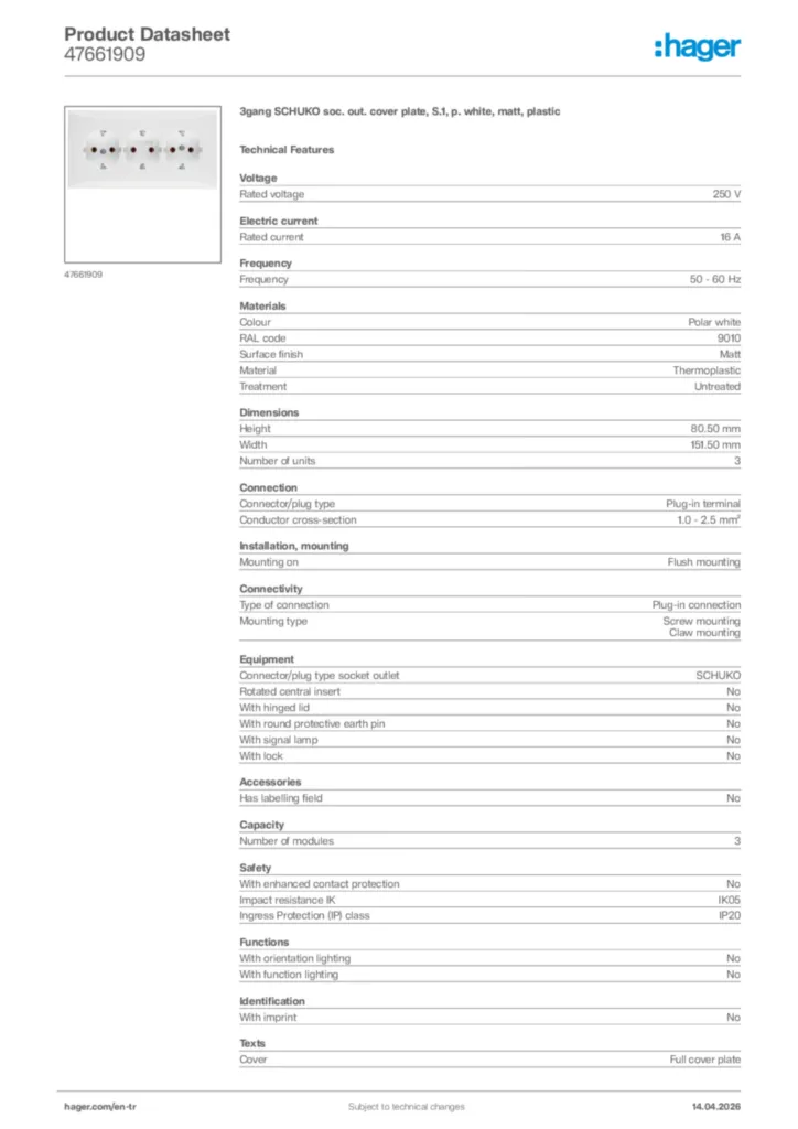 Image Hager Product data sheet 47661909  | Hager