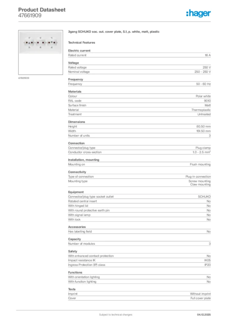 Image Hager Product data sheet 47661909  | Hager