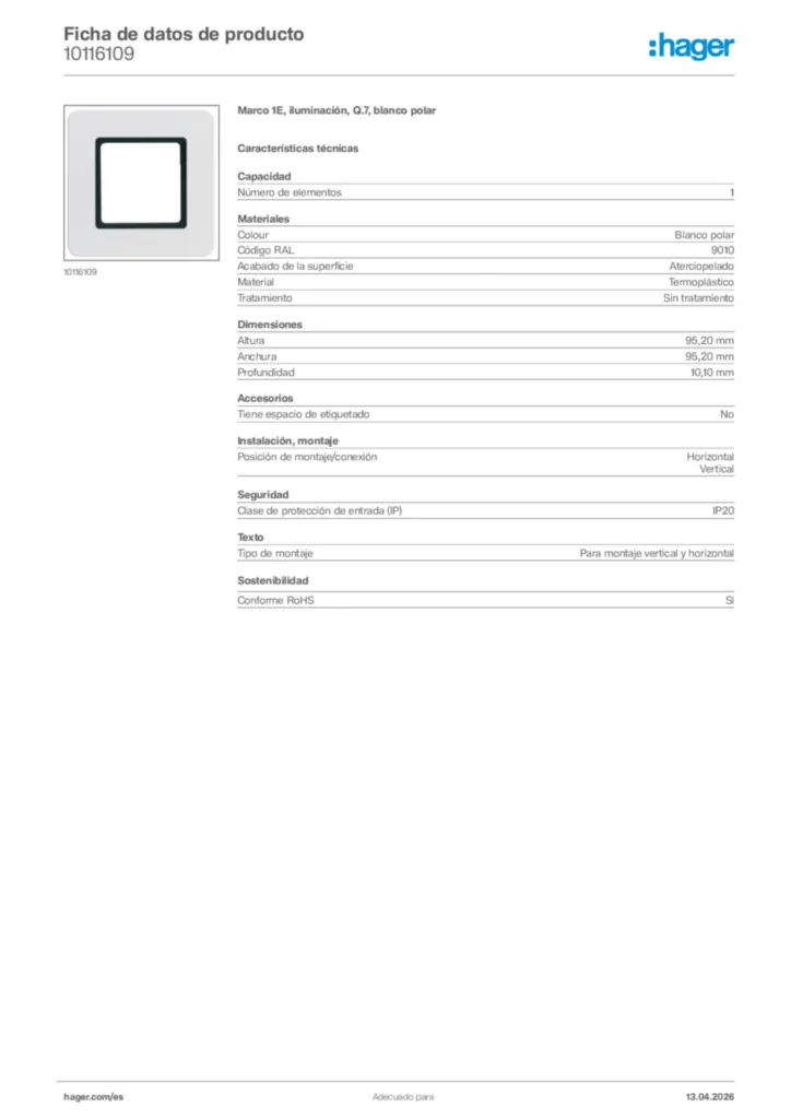 Imagen Hager Ficha de datos de producto 10116109 | Hager España