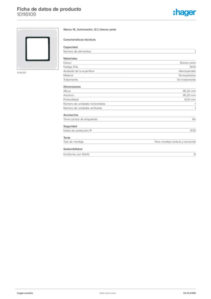 Imagen Hager Ficha de datos de producto 10116109 | Hager España