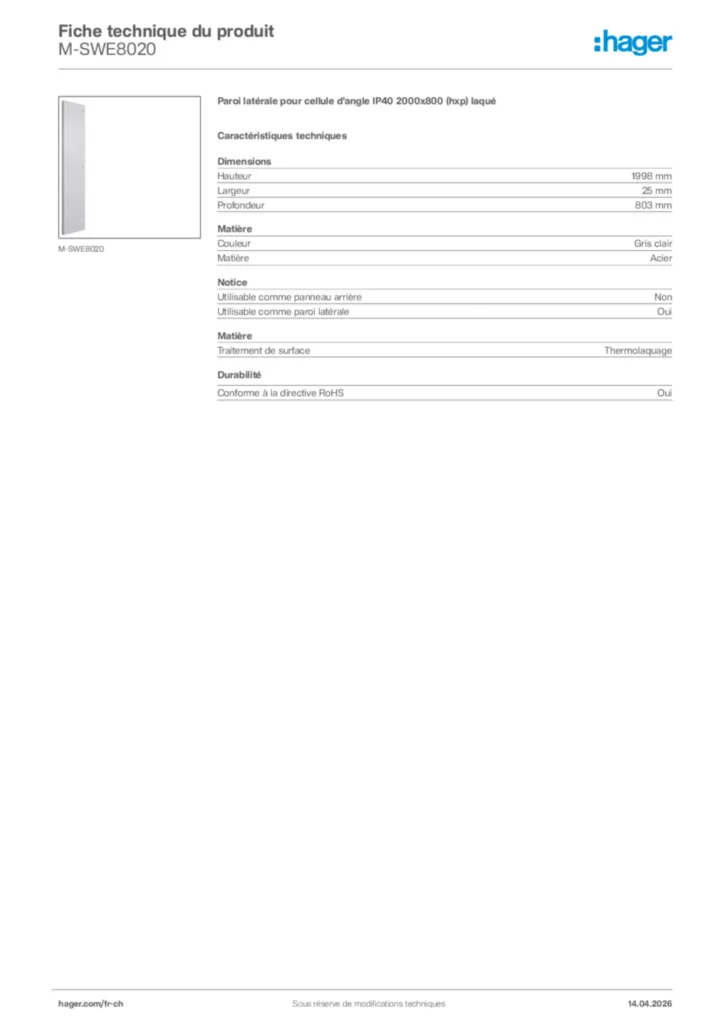 Image Hager Fiche technique du produit M-SWE8020 | Hager Suisse