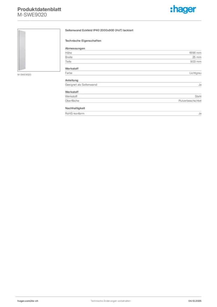 Bild Hager Produktdatenblatt M-SWE9020 | Hager Schweiz