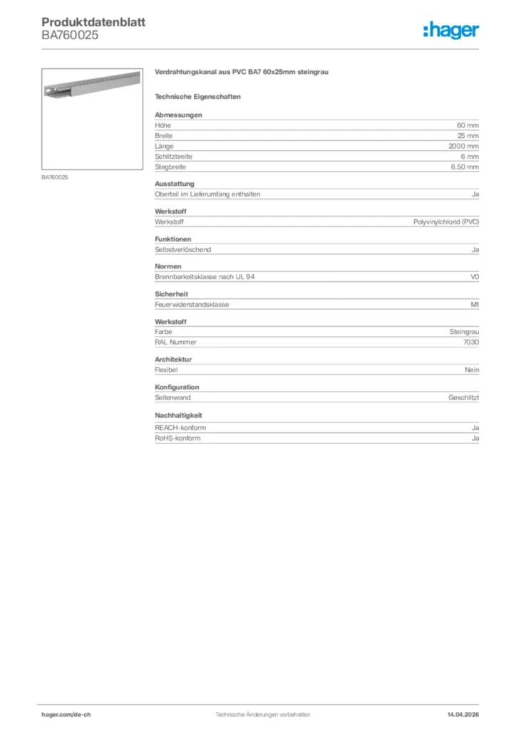 Bild Hager Produktdatenblatt BA760025 | Hager Schweiz