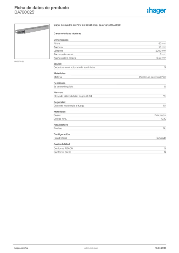 Imagen Hager Ficha de datos de producto BA760025 | Hager España