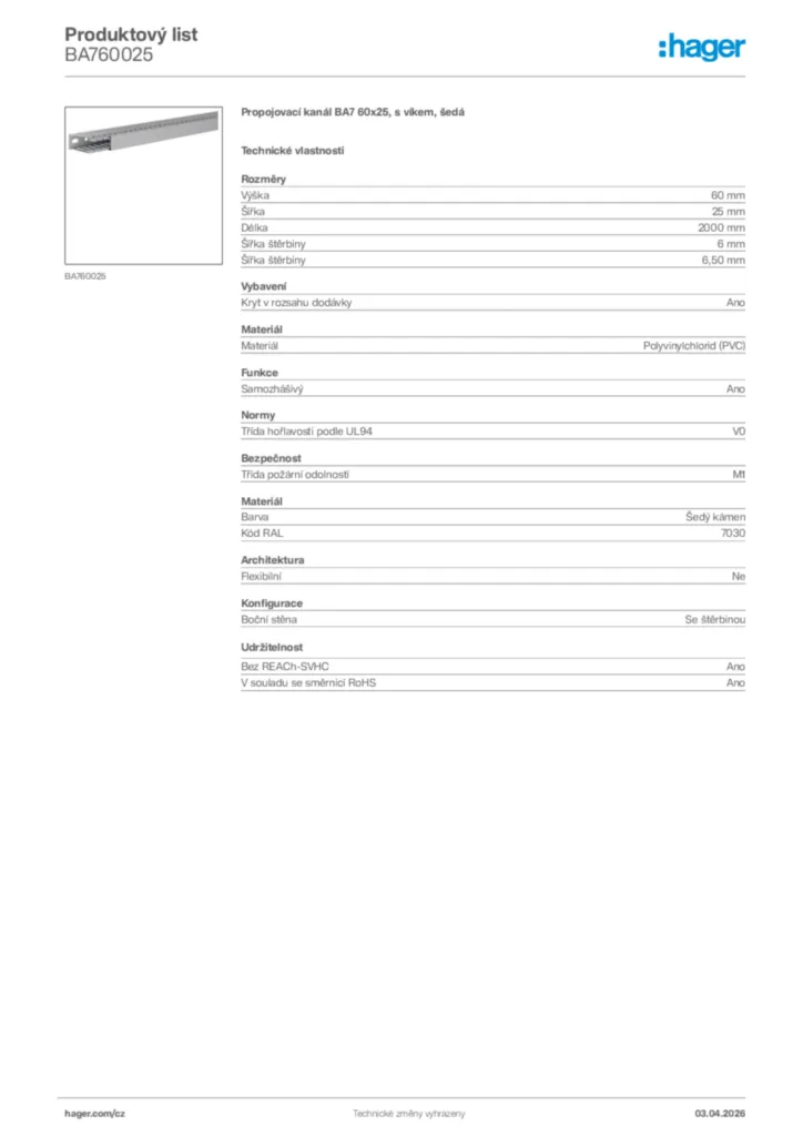 Obrázek Hager Product data sheet BA760025 | Hager