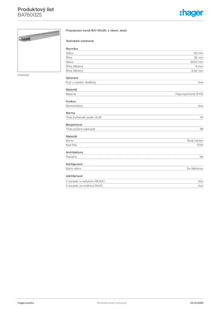 Obrázek Hager Produktový list BA760025 | Hager