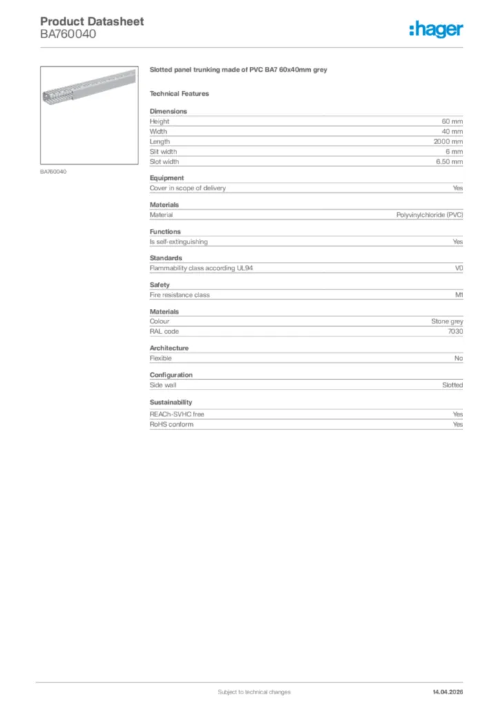 Image Hager Product data sheet BA760040  | Hager Africa