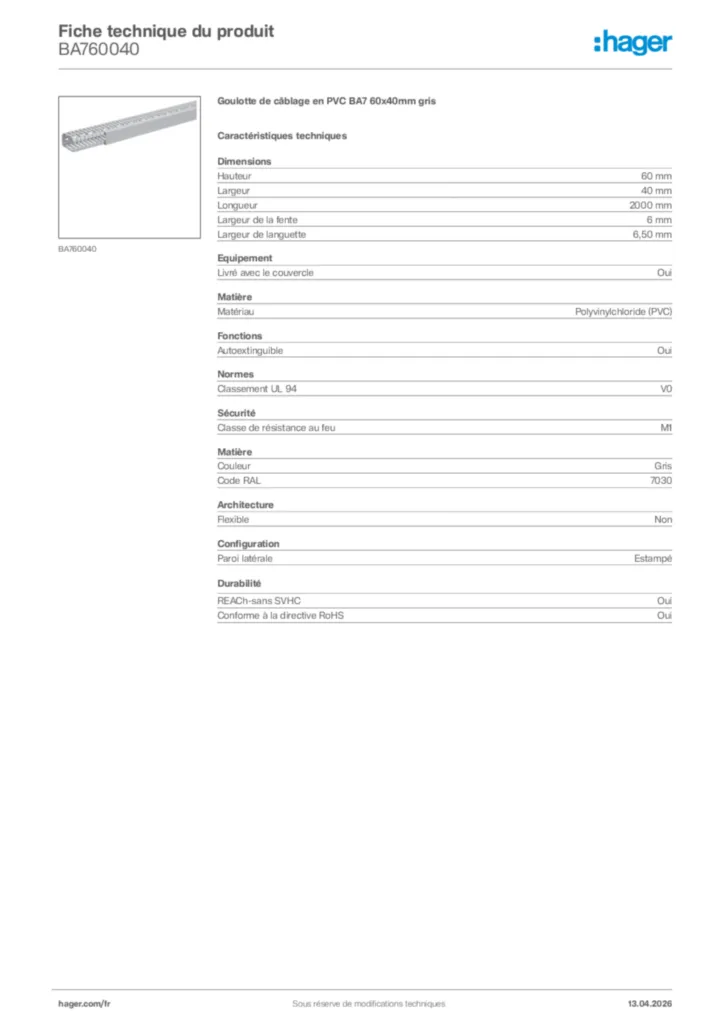 Image Hager Fiche technique du produit BA760040 | Hager France