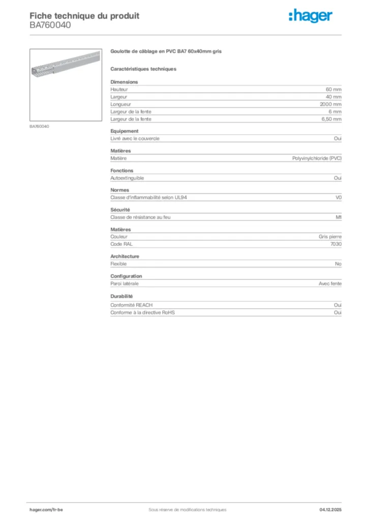 Image Hager Fiche technique du produit BA760040 | Hager Belgique