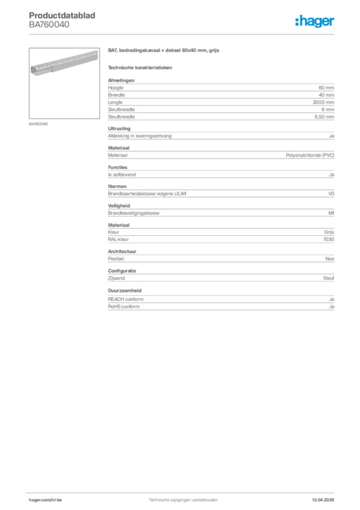 Afbeelding Hager Productdatablad BA760040 | Hager Belgium