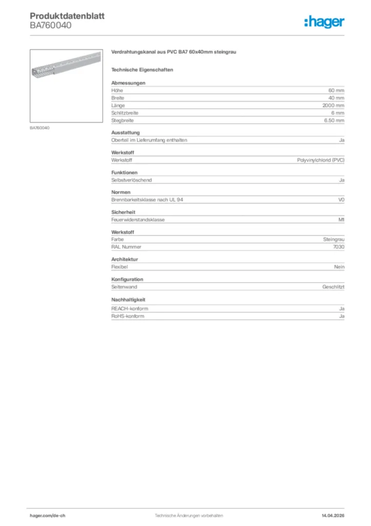 Bild Hager Produktdatenblatt BA760040 | Hager Schweiz