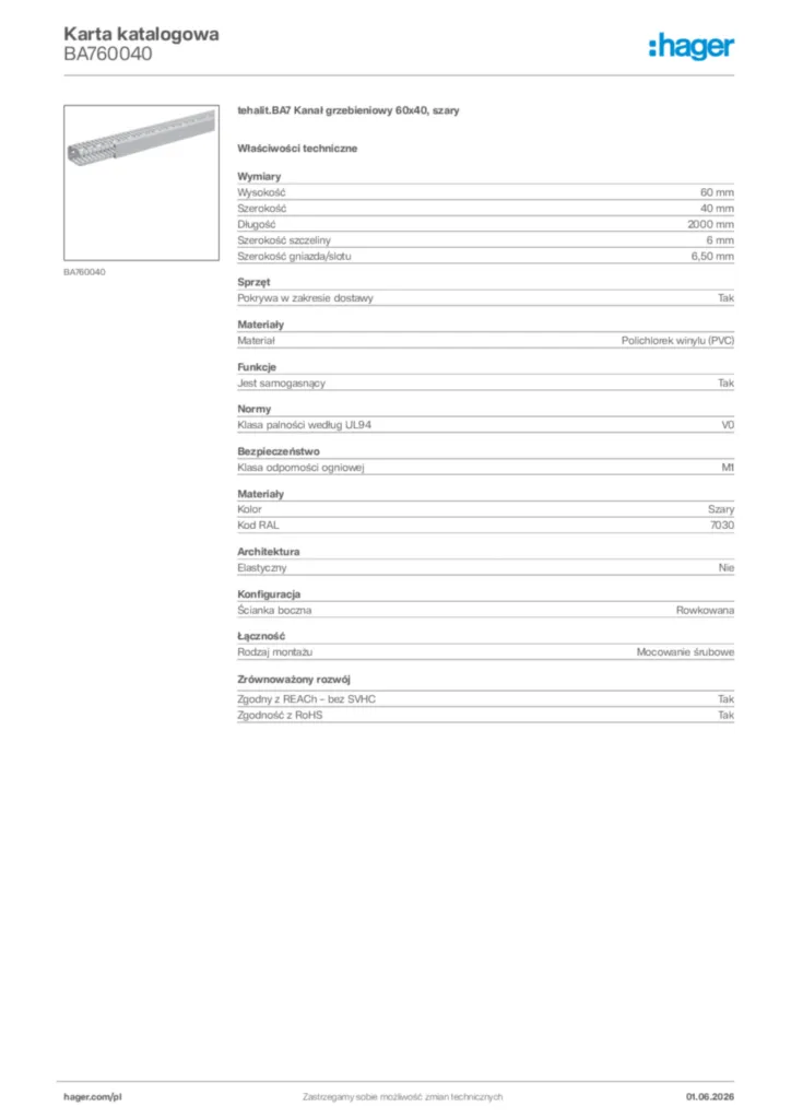 Zdjęcie Hager Karta katalogowa BA760040 | Hager Polska