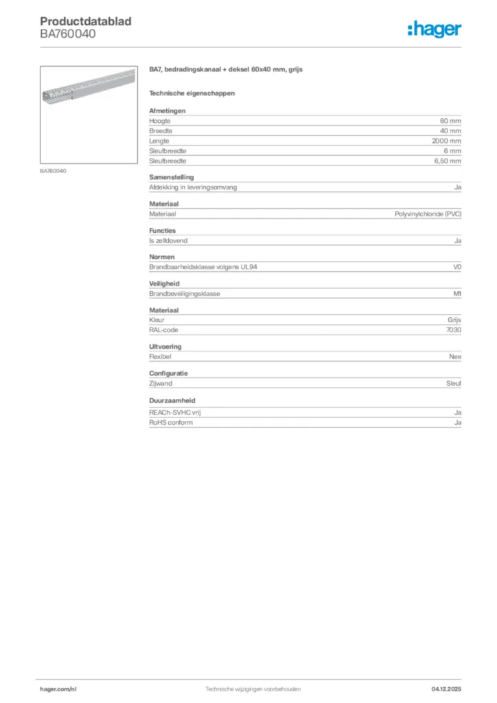 Afbeelding Hager Productdatablad BA760040 | Hager Nederland