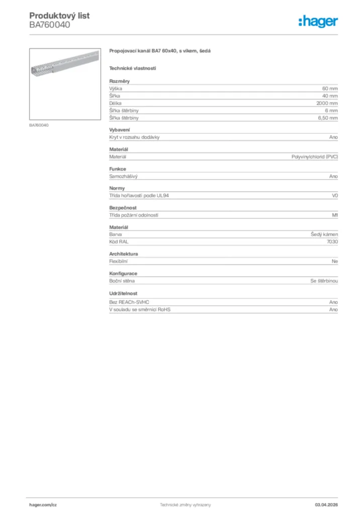 Obrázek Hager Product data sheet BA760040 | Hager