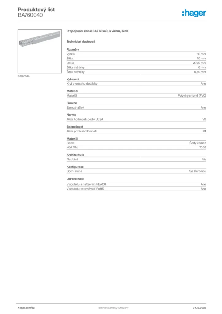 Obrázek Hager Produktový list BA760040 | Hager