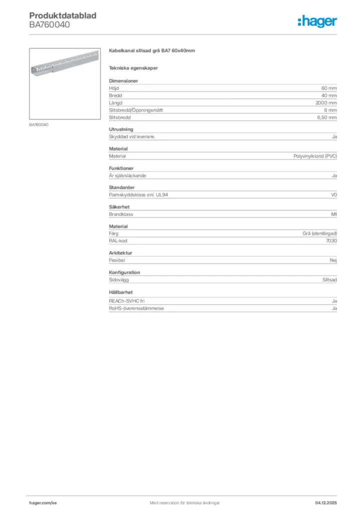 Bild Hager Produktdatablad BA760040 | Hager Sverige