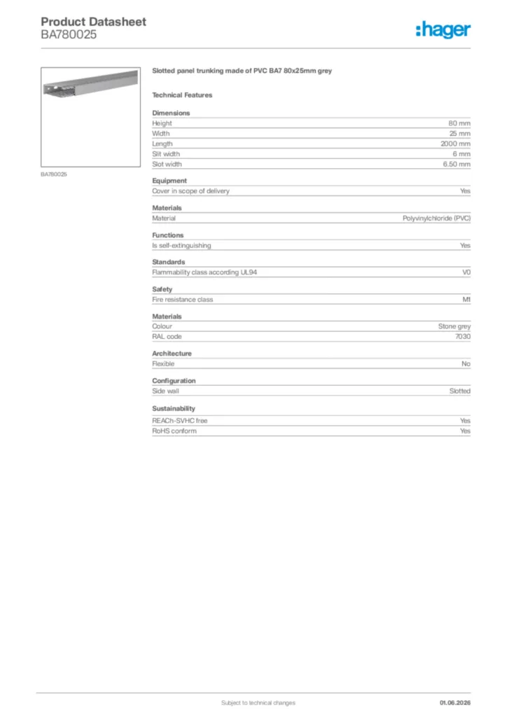 Image Hager Product data sheet BA780025  | Hager Africa