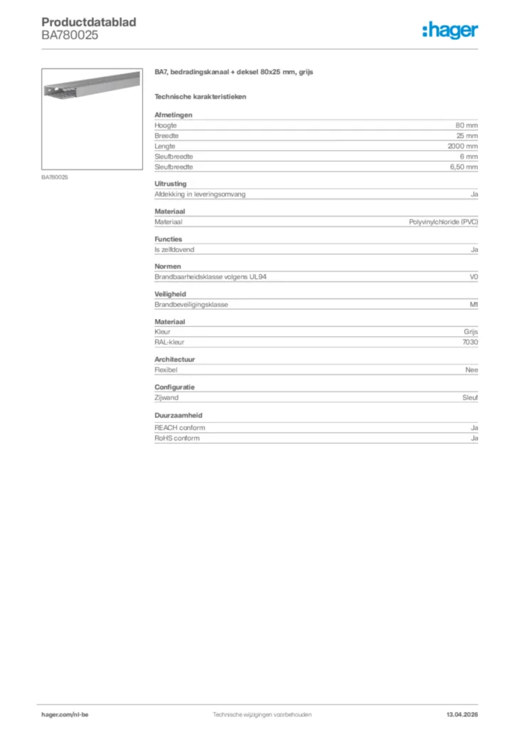Afbeelding Hager Productdatablad BA780025 | Hager Belgium