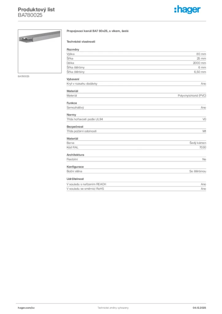 Obrázek Hager Produktový list BA780025 | Hager