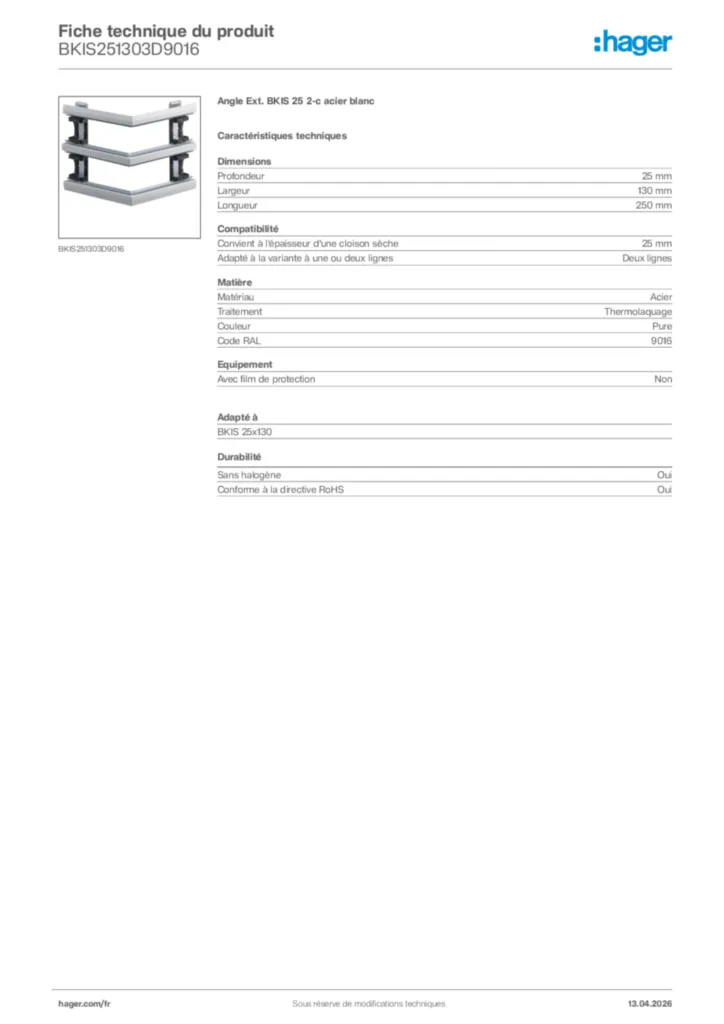 Image Hager Fiche technique du produit BKIS251303D9016 | Hager France