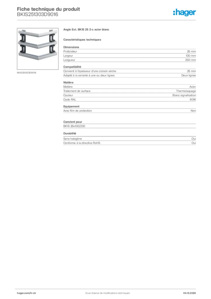 Image Hager Fiche technique du produit BKIS251303D9016 | Hager Suisse