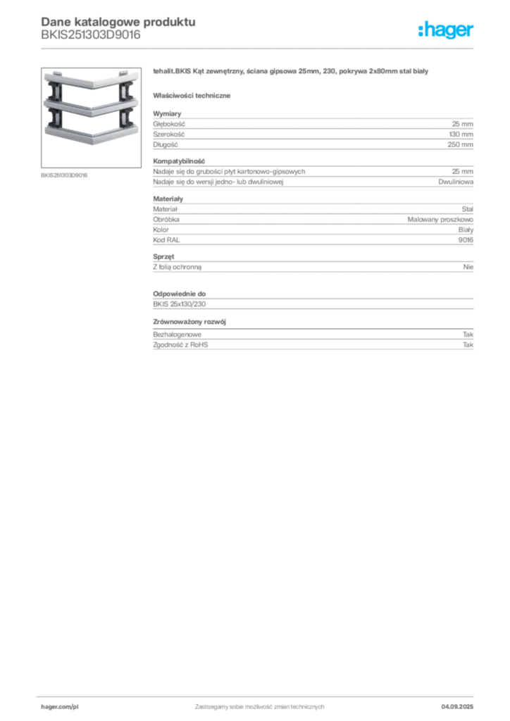 Zdjęcie Hager Dane katalogowe produktu BKIS251303D9016 | Hager Polska