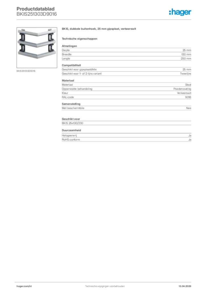 Afbeelding Hager Productdatablad BKIS251303D9016 | Hager Nederland