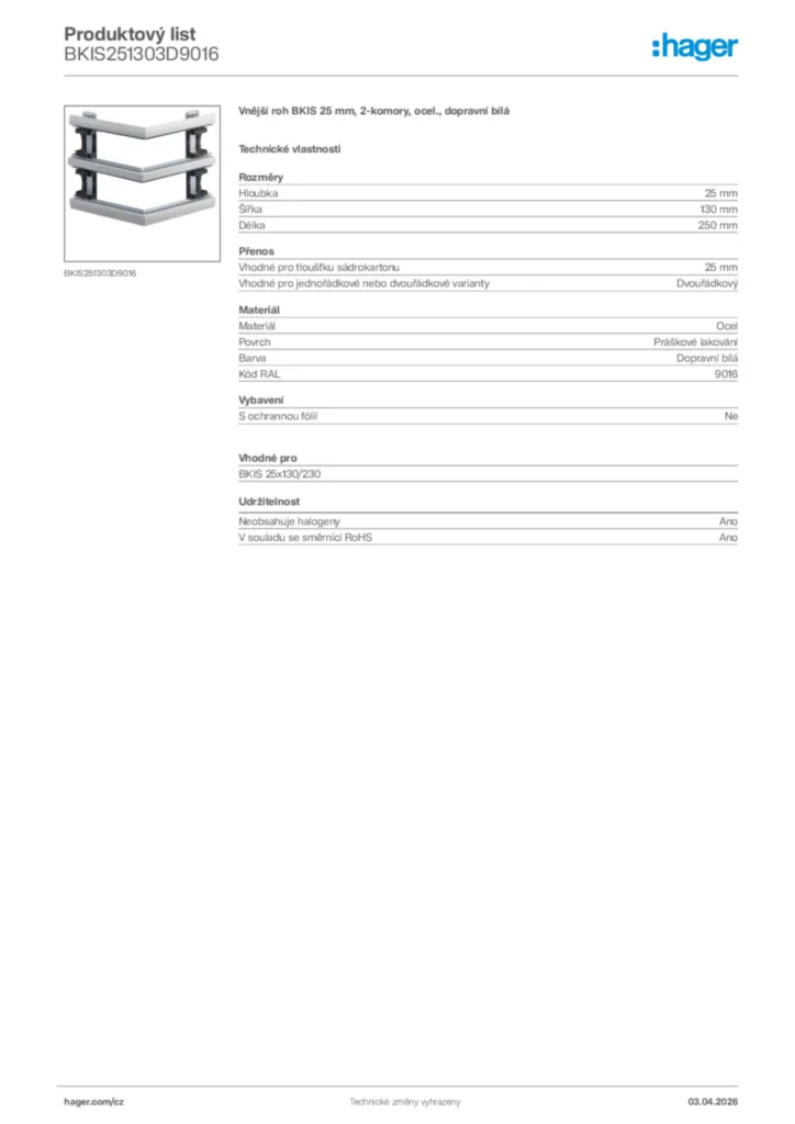 Obrázek Hager Product data sheet BKIS251303D9016 | Hager