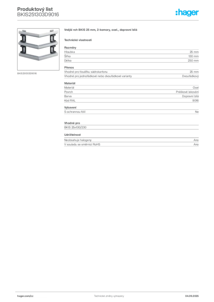 Obrázek Hager Produktový list BKIS251303D9016 | Hager