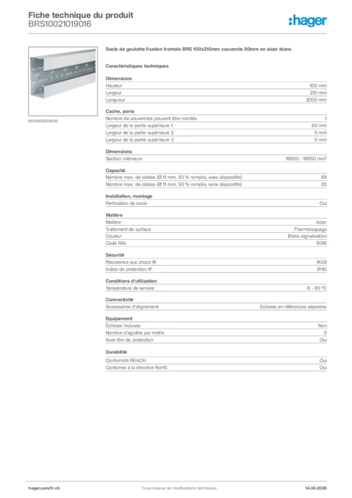 Image Hager Fiche technique du produit BRS10021019016 | Hager Suisse