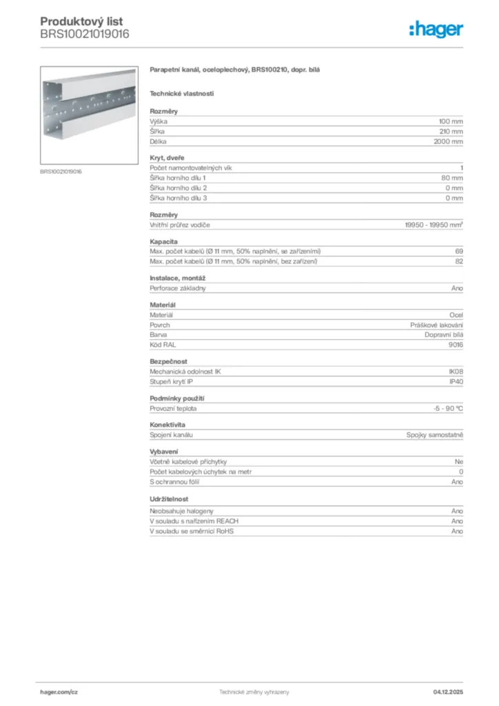 Obrázek Hager Produktový list BRS10021019016 | Hager