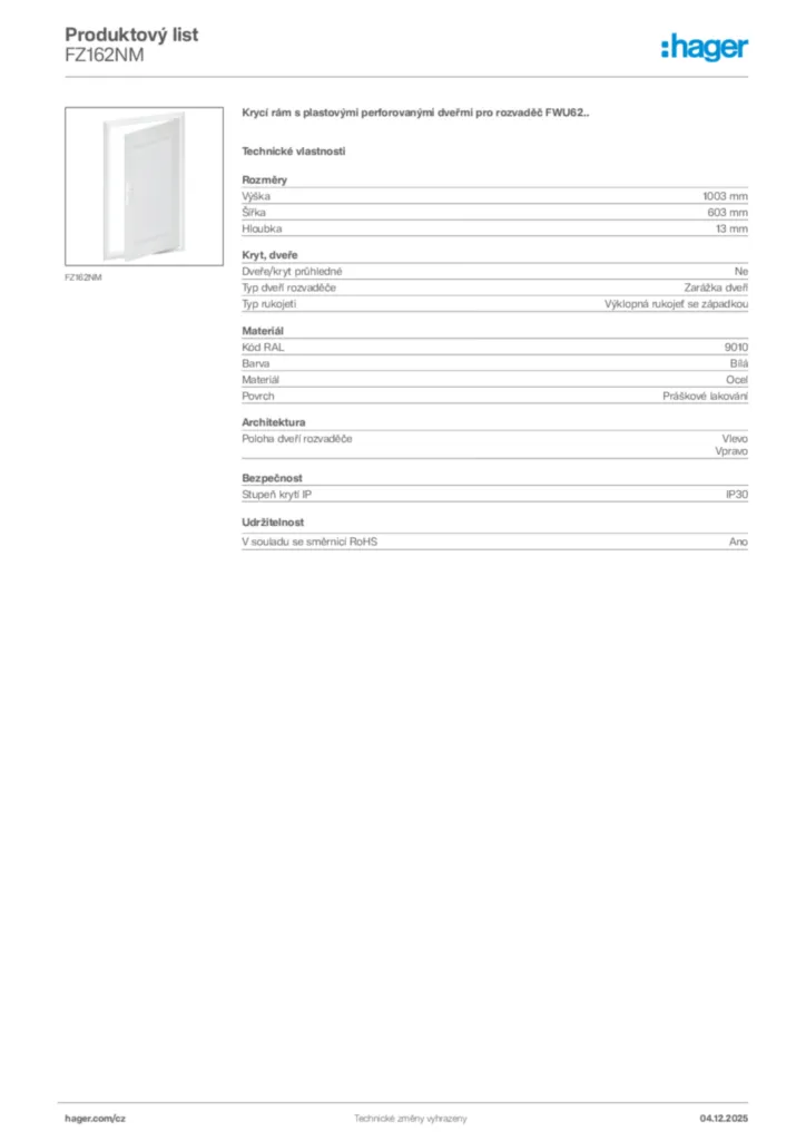 Obrázek Hager Product data sheet FZ162NM | Hager
