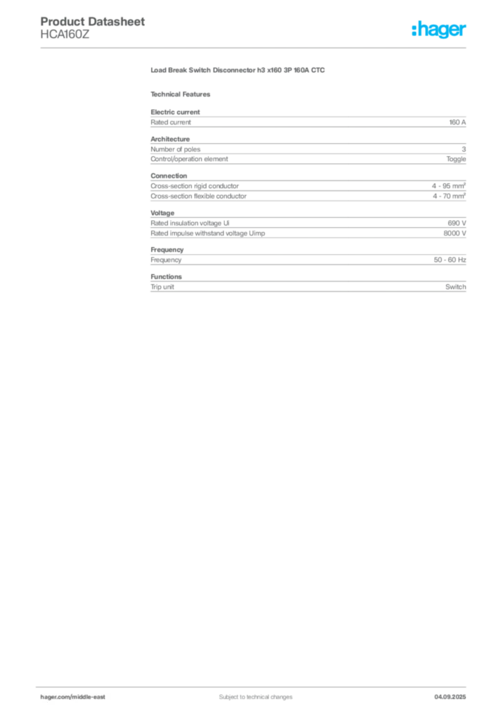 Image Hager Product data sheet HCA160Z  | Hager