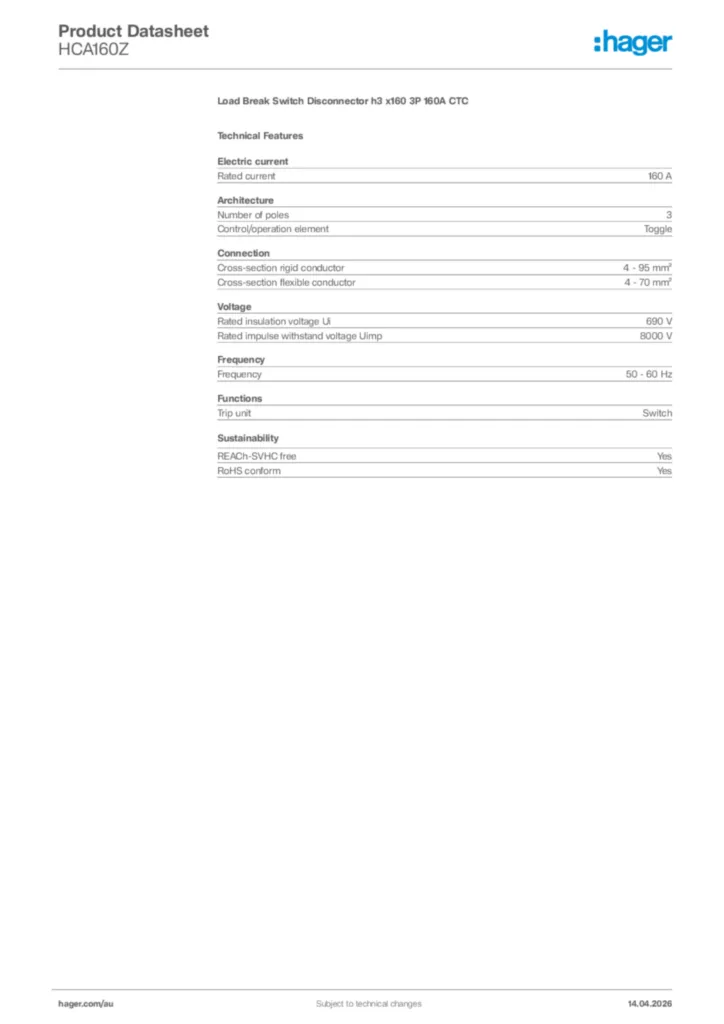 Image Hager Product data sheet HCA160Z  | Hager Australia