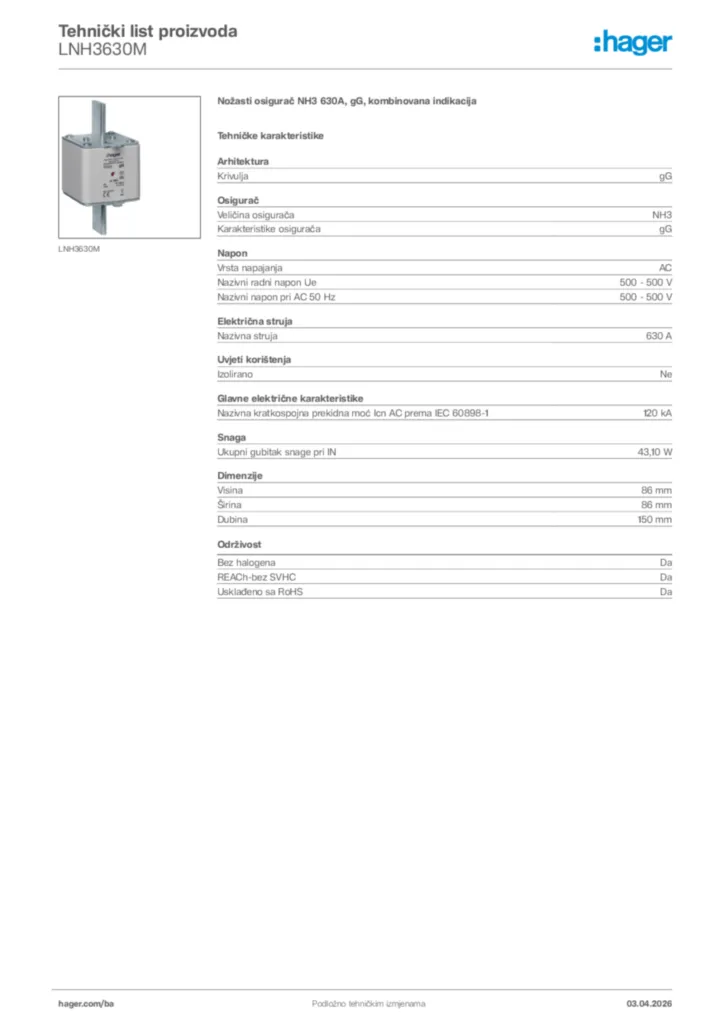 Slika Hager Tehnički list proizvoda LNH3630M  | Hager