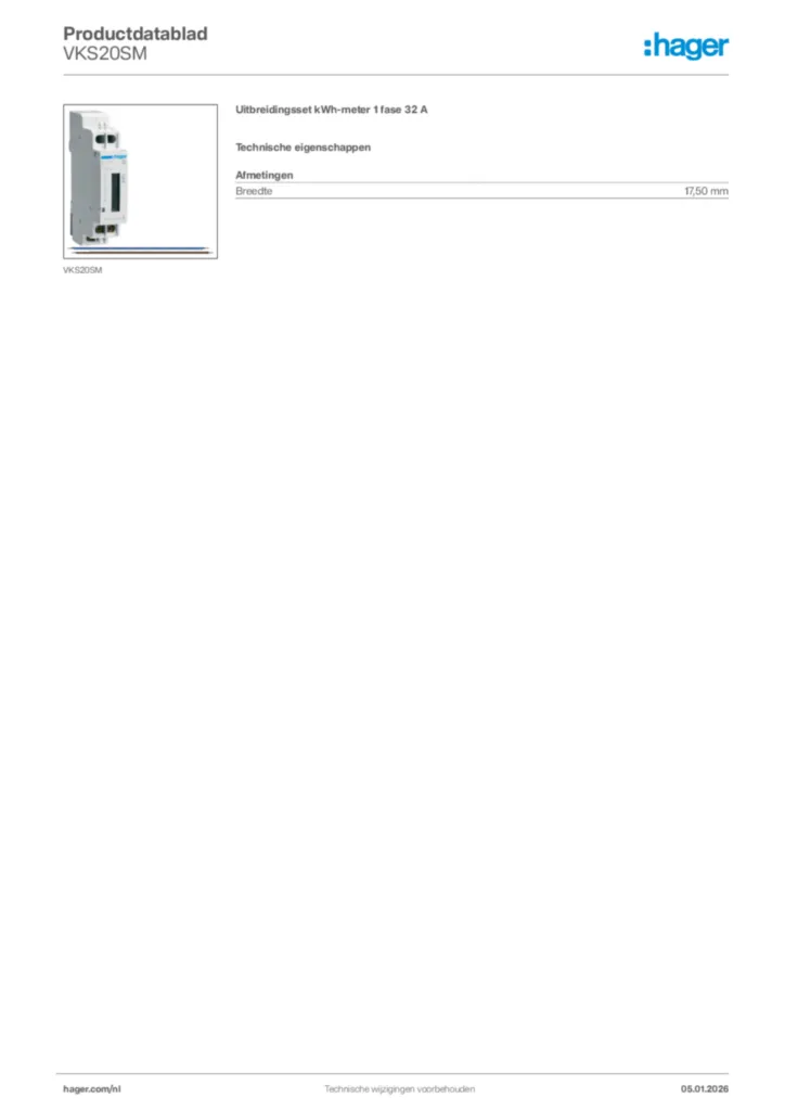 Afbeelding Hager Productdatablad VKS20SM | Hager Nederland