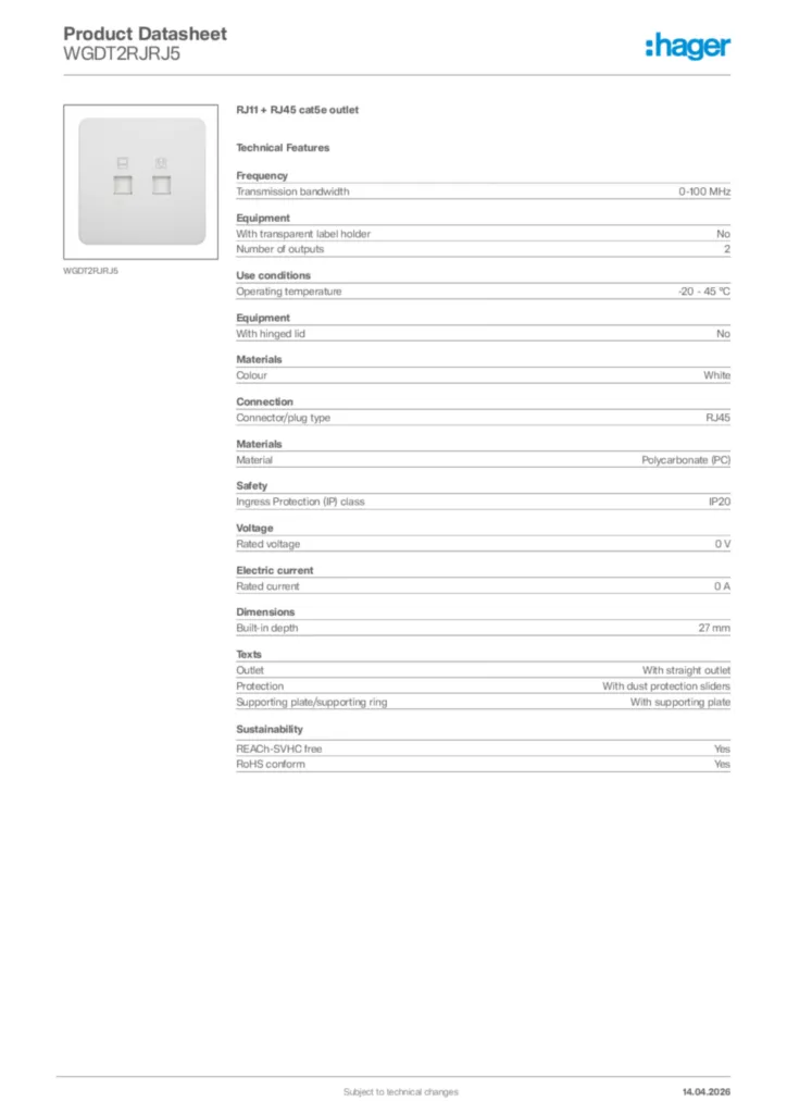 Image Hager Product data sheet WGDT2RJRJ5  | Hager Africa
