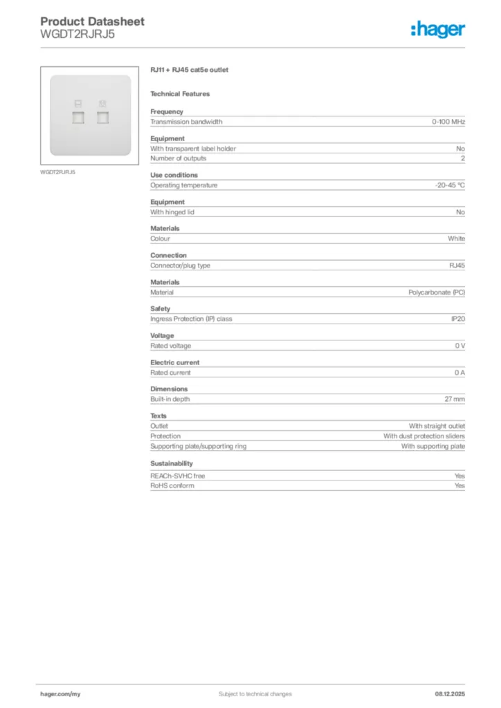 Image Hager Product data sheet WGDT2RJRJ5  | Hager