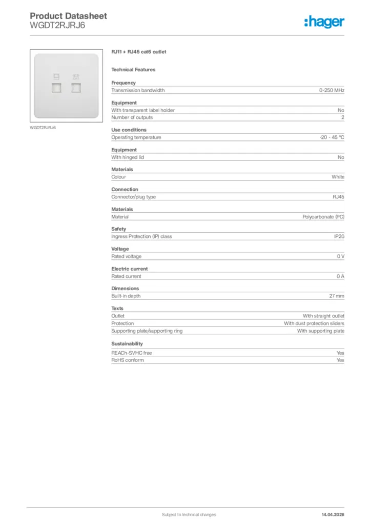 Image Hager Product data sheet WGDT2RJRJ6  | Hager Africa