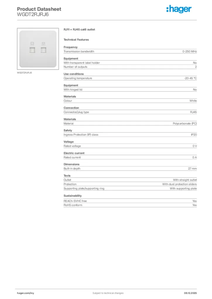 Image Hager Product data sheet WGDT2RJRJ6  | Hager