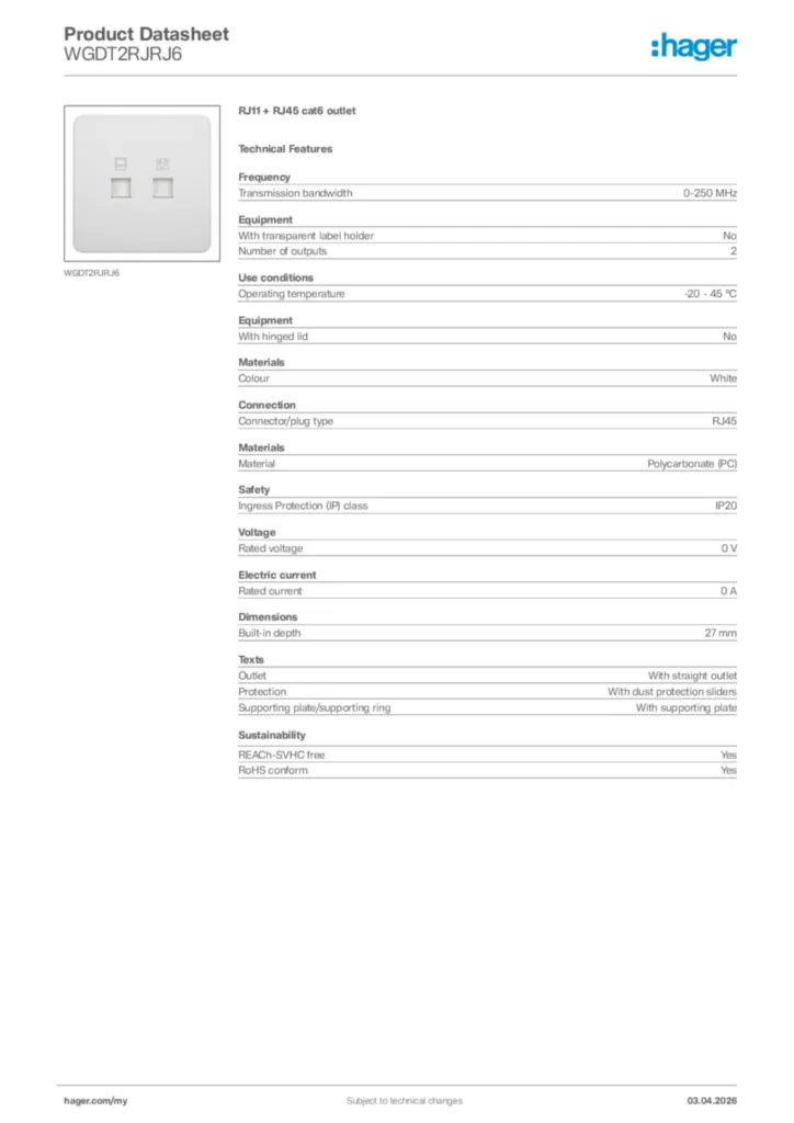 Image Hager Product data sheet WGDT2RJRJ6  | Hager