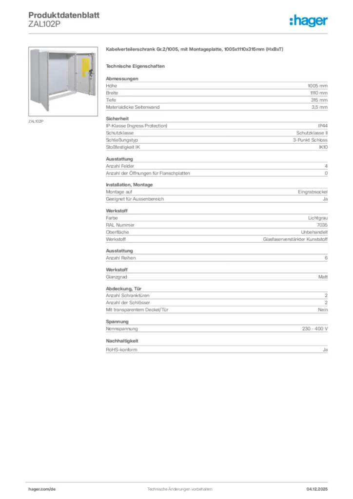 Hager Produktdatenblatt ZAL102P