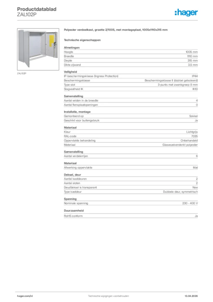 Afbeelding Hager Productdatablad ZAL102P | Hager Nederland